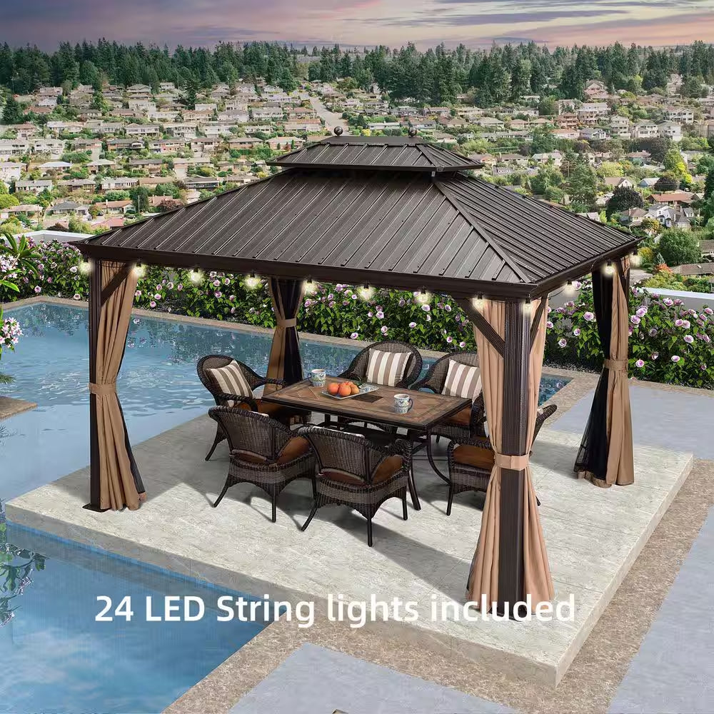 13 Ft.X13 Ft.Bronze Luxury Aluminum Frame Hardtop Gazebo for Patio Deck Backyard Netting Hooks Upgraded Curtain 24Lights