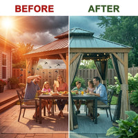 12’X12’ Hardtop Gazebo, Wooden Coated Aluminum Frame Canopy with Galvanized Steel Double Roof, Outdoor Permanent Metal Pavilion with Curtains and Netting for Patio, Deck and Lawn — Before & After