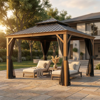 12’X12’ Hardtop Gazebo, Wooden Coated Aluminum Frame Canopy with Galvanized Steel Double Roof, Outdoor Permanent Metal Pavilion with Curtains and Netting for Patio, Deck and Lawn — Studio Shot