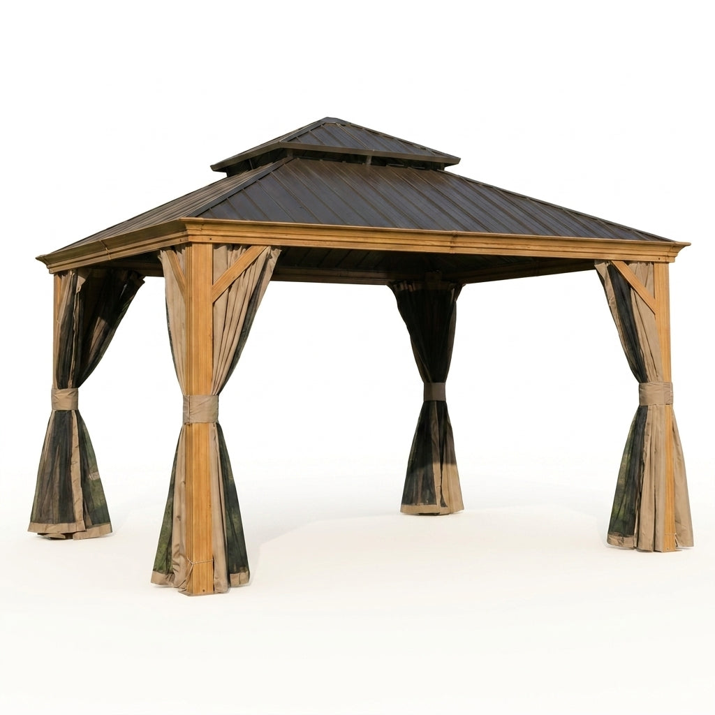 12’X12’ Hardtop Gazebo, Wooden Coated Aluminum Frame Canopy with Galvanized Steel Double Roof, Outdoor Permanent Metal Pavilion with Curtains and Netting for Patio, Deck and Lawn — Studio Shot
