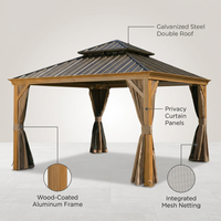 12’X12’ Hardtop Gazebo, Wooden Coated Aluminum Frame Canopy with Galvanized Steel Double Roof, Outdoor Permanent Metal Pavilion with Curtains and Netting for Patio, Deck and Lawn — infographic