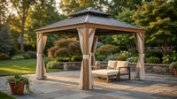 12’X12’ Hardtop Gazebo, Wooden Coated Aluminum Frame Canopy with Galvanized Steel Double Roof, Outdoor Permanent Metal Pavilion with Curtains and Netting for Patio, Deck and Lawn — Lifestyle