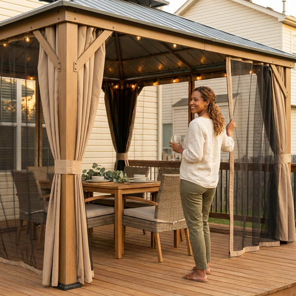 Hardtop Gazebo Built for Permanent Outdoor Use, 12x12 Aluminum Frame, Galvanized Steel Roof, Curtains & Netting