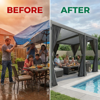 12X20 Louvered Pergola,Dark Grey Aluminum Frame with Adjustable Rainproof Roof, Featuring Waterproof Curtains and Nets — Before & After
