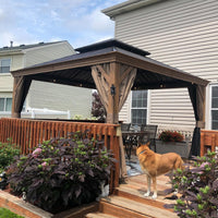 12’X12’ Hardtop Gazebo, Wooden Coated Aluminum Frame Canopy with Galvanized Steel Double Roof, Outdoor Permanent Metal Pavilion with Curtains and Netting for Patio, Deck and Lawn