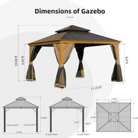 12’X12’ Hardtop Gazebo, Wooden Coated Aluminum Frame Canopy with Galvanized Steel Double Roof, Outdoor Permanent Metal Pavilion with Curtains and Netting for Patio, Deck and Lawn