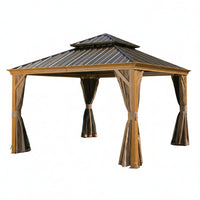 12’X12’ Hardtop Gazebo, Wooden Coated Aluminum Frame Canopy with Galvanized Steel Double Roof, Outdoor Permanent Metal Pavilion with Curtains and Netting for Patio, Deck and Lawn