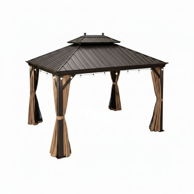 13 Ft.X13 Ft.Bronze Luxury Aluminum Frame Hardtop Gazebo for Patio Deck Backyard Netting Hooks Upgraded Curtain 24Lights