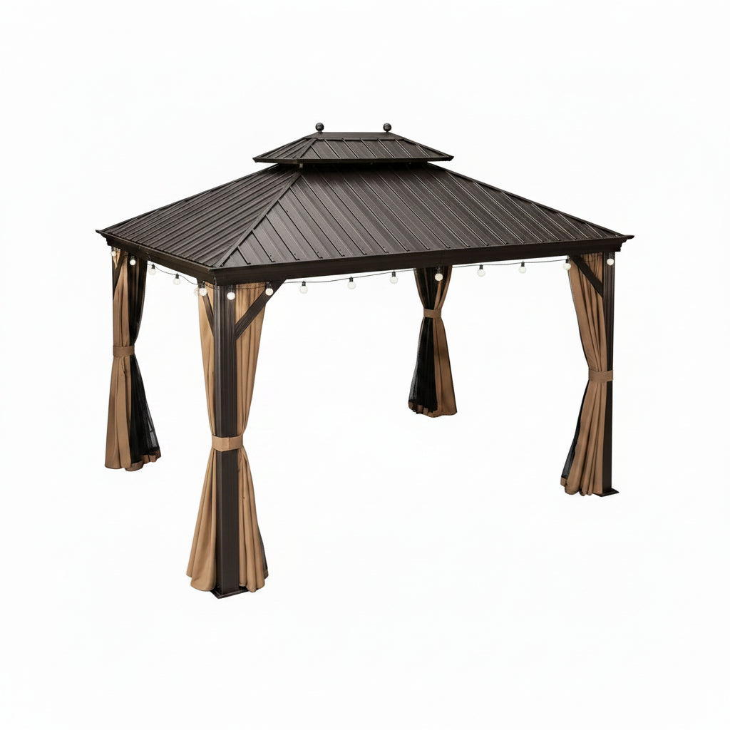 13 Ft.X13 Ft.Bronze Luxury Aluminum Frame Hardtop Gazebo for Patio Deck Backyard Netting Hooks Upgraded Curtain 24Lights