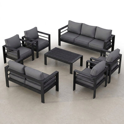 Aluminum Patio Furniture Set Built for All-Weather Use, 7 Piece Metal Frame, Waterproof Covers, 5-Inch Cushions