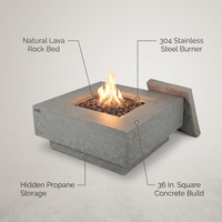 Manhattan Outdoor Fire Pit 36 In. X 36 In. Square Concrete Propane Fire Table with Lava Rocks and Cover — infographic
