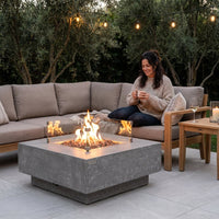 Manhattan Outdoor Fire Pit 36 In. X 36 In. Square Concrete Propane Fire Table with Lava Rocks and Cover — Lifestyle