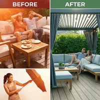 Outdoor Pergola Built to Create All-Weather Shade, 12X20 Aluminum Frame, Adjustable Louvers, Waterproof Curtains — Before & After