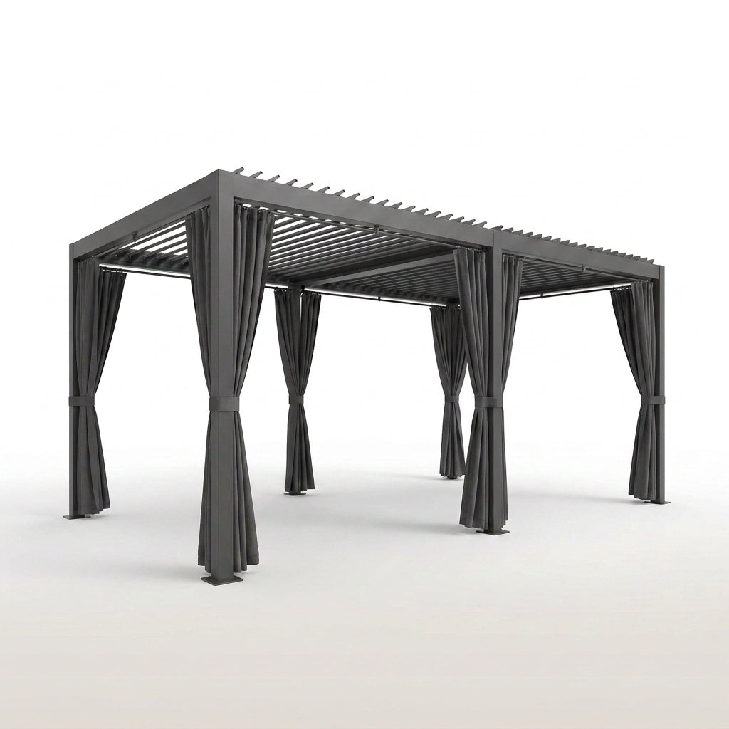 Outdoor Pergola Built to Create All-Weather Shade, 12X20 Aluminum Frame, Adjustable Louvers, Waterproof Curtains — Studio Shot