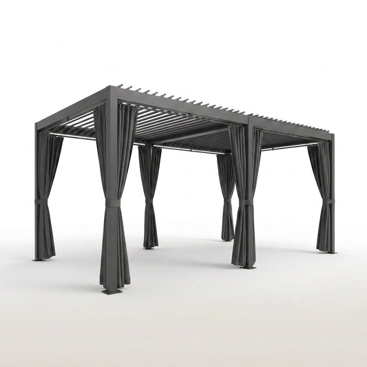 Outdoor Pergola Built to Create All-Weather Shade, 12X20 Aluminum Frame, Adjustable Louvers, Waterproof Curtains — Studio Shot