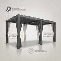 Outdoor Pergola Built to Create All-Weather Shade, 12X20 Aluminum Frame, Adjustable Louvers, Waterproof Curtains — infographic
