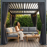 Outdoor Pergola Built to Create All-Weather Shade, 12X20 Aluminum Frame, Adjustable Louvers, Waterproof Curtains — Lifestyle