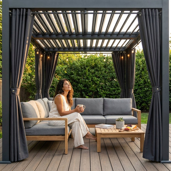 Outdoor Pergola Built to Create All-Weather Shade, 12X20 Aluminum Frame, Adjustable Louvers, Waterproof Curtains