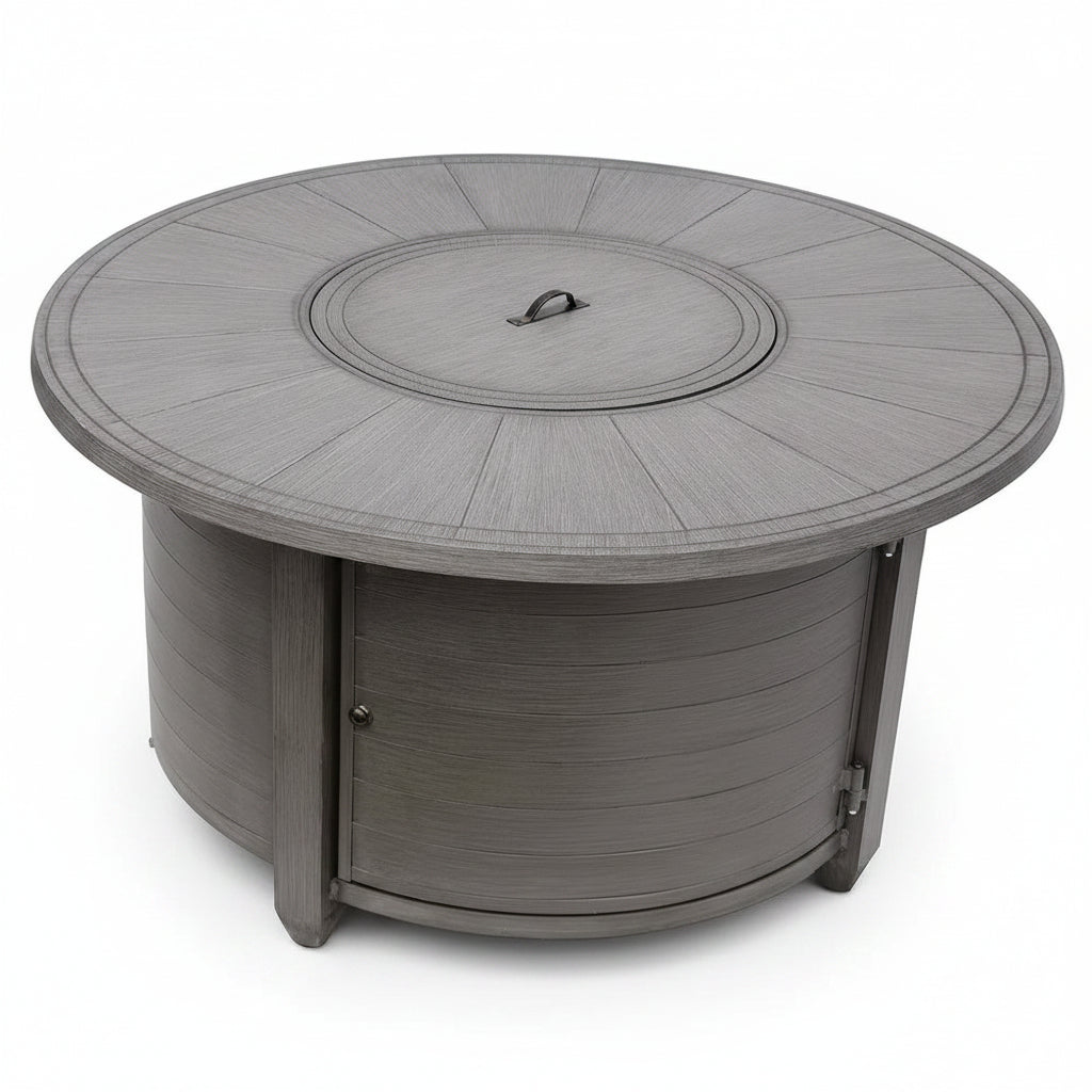 44 In. X 24 In. round Aluminum Propane Fire Pit in Brushed Wood Finish