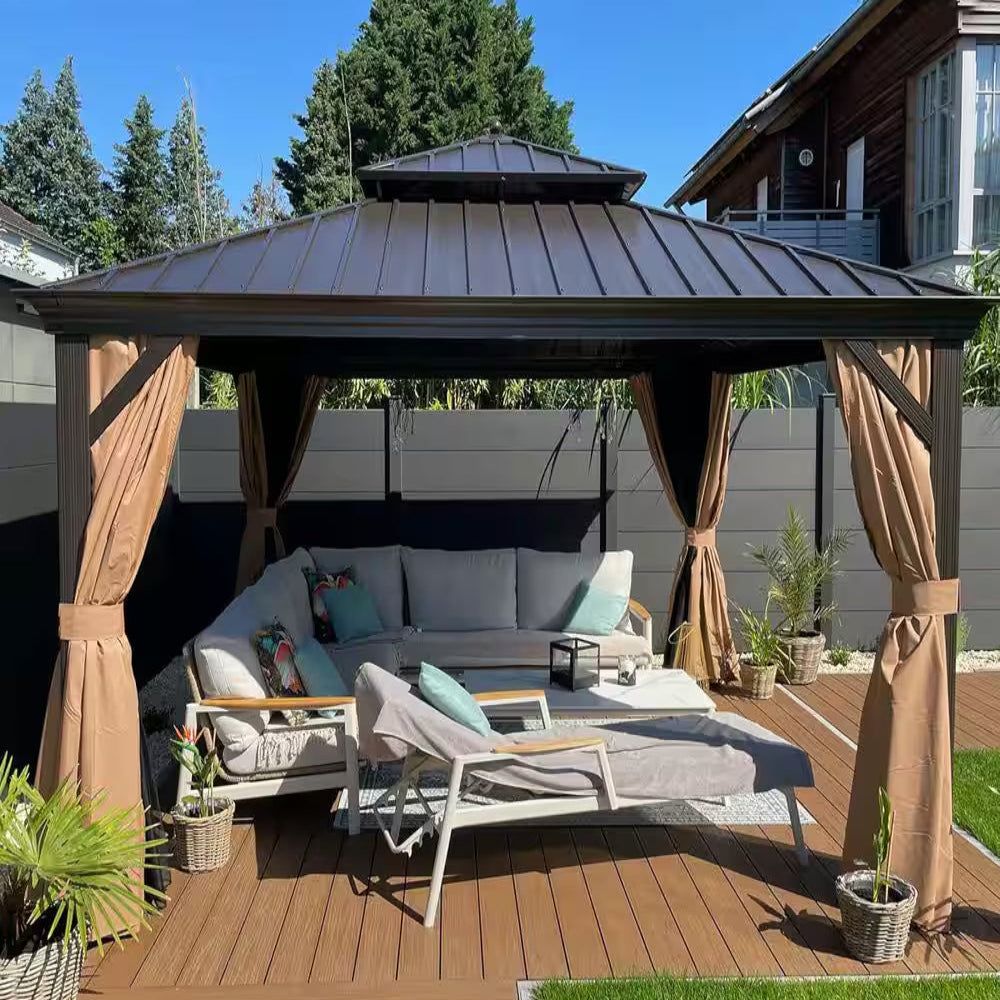 13 Ft.X13 Ft.Bronze Luxury Aluminum Frame Hardtop Gazebo for Patio Deck Backyard Netting Hooks Upgraded Curtain 24Lights