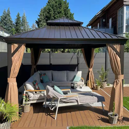 13 Ft.X13 Ft.Bronze Luxury Aluminum Frame Hardtop Gazebo for Patio Deck Backyard Netting Hooks Upgraded Curtain 24Lights